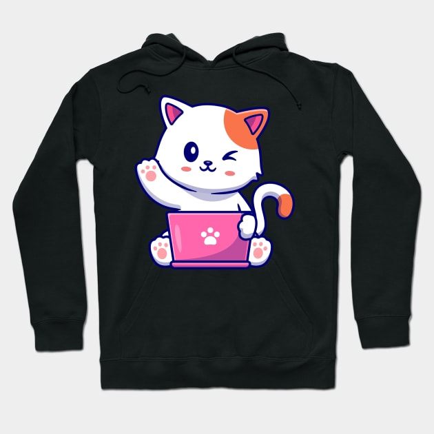 Cute Cat Working On Laptop With Coffee Cup Cartoon Hoodie by Catalyst Labs